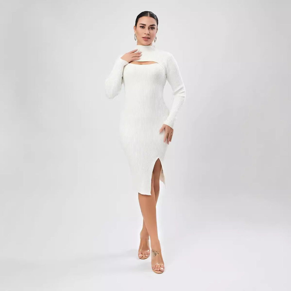 Autumn Women Clothing Half Turtleneck Chest Hollow Out Cutout Design Sweater Skinny Slimming Dress Bella Mia