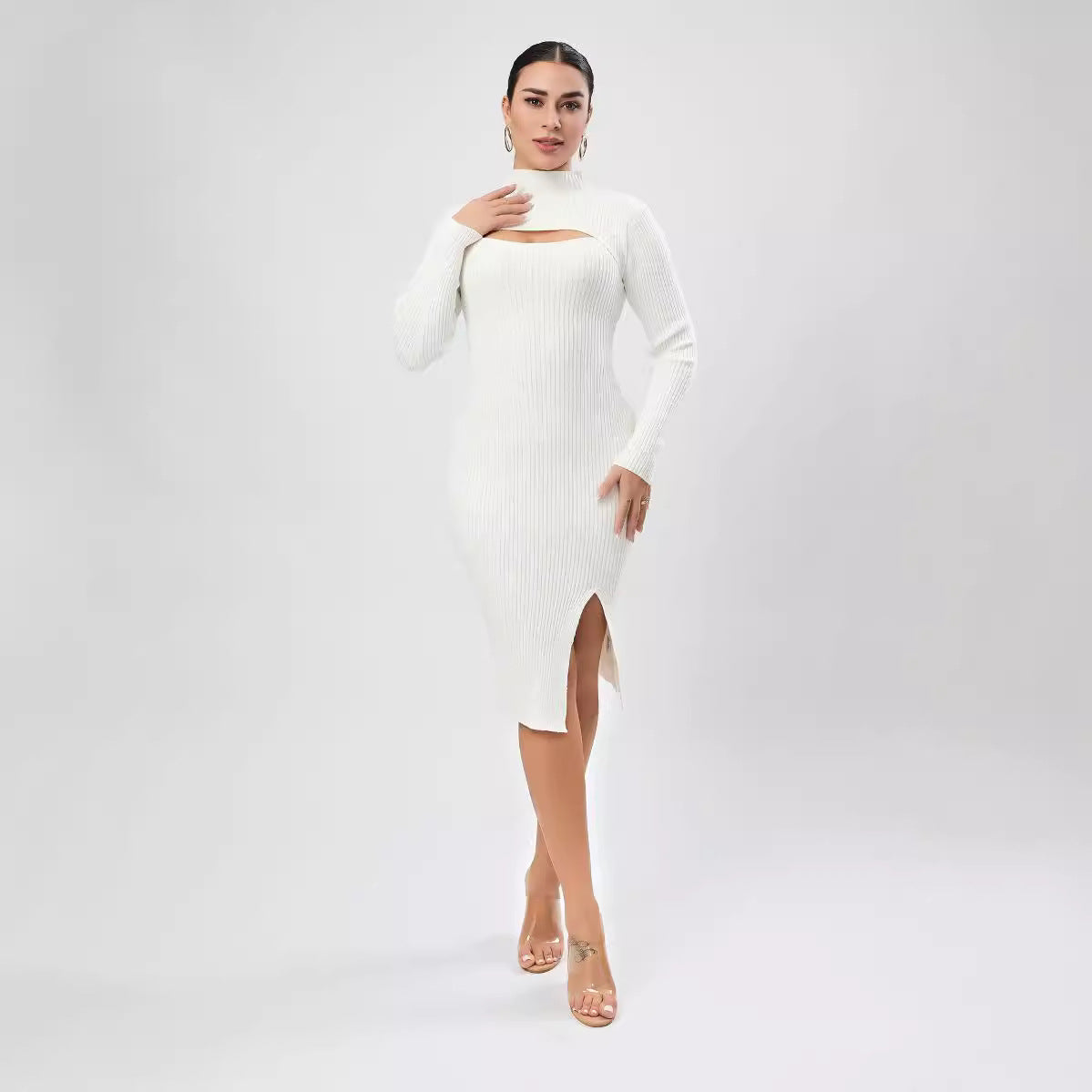Autumn Women Clothing Half Turtleneck Chest Hollow Out Cutout Design Sweater Skinny Slimming Dress Bella Mia