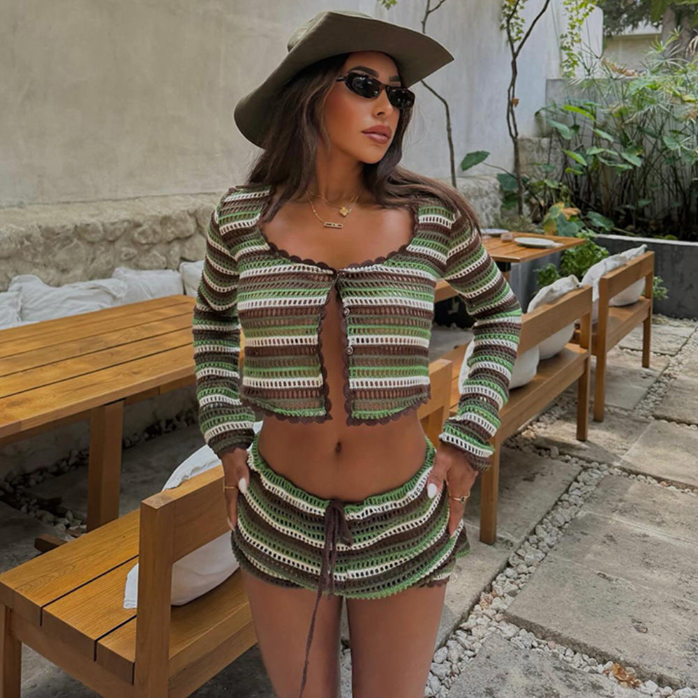 Women Sexy Knitted Striped Beach Bikini Swimsuit Blouse Sun Proof Skirt Set Bella Mia