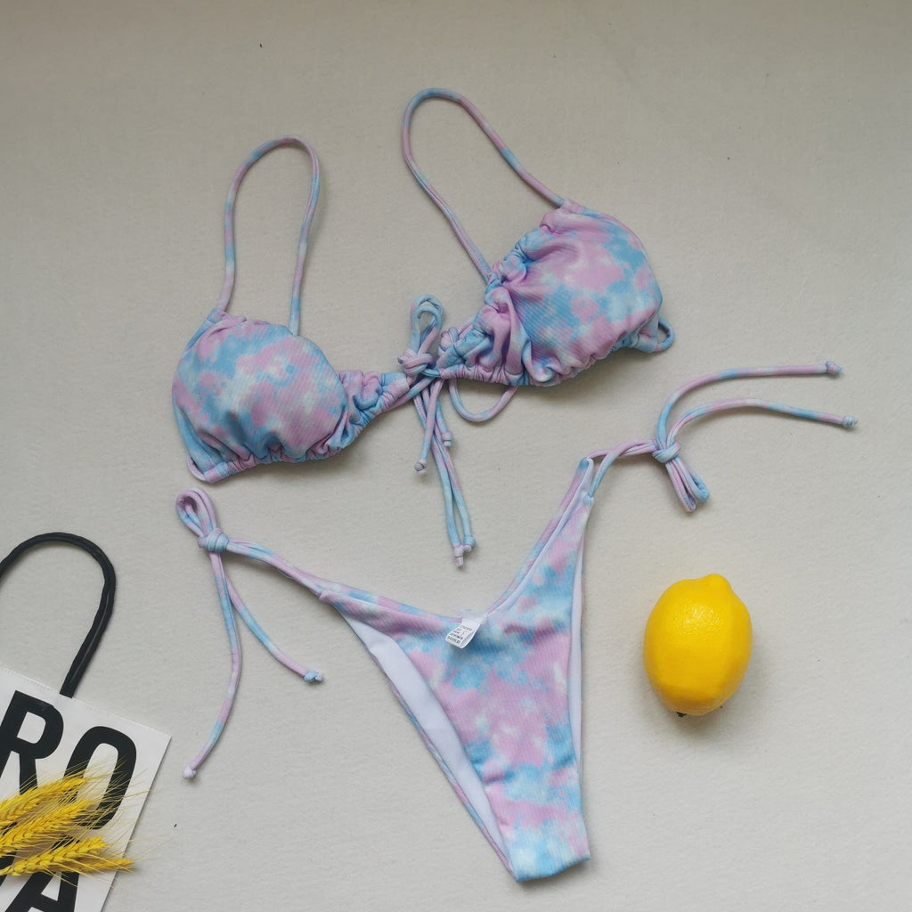 Sling Bandage Swimsuit Women Pleated Push up Drawstring Sexy Solid Color Bikini Swimsuit Bella Mia