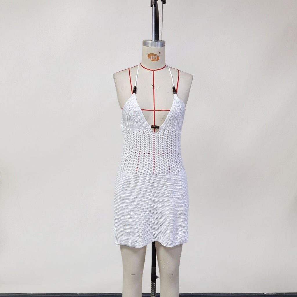 Women Spring Clothing Knitted Hollow Out Cutout Sexy V neck Halter Backless Lace up Beach Dress Women Bella Mia