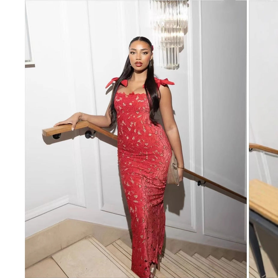 Spring Summer Entry Lux Bow High Sense Embroidered Hollow Out Cutout Sheath Dress Bella Mia