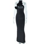 Sexy Halter Dress Solid Color Sleeveless Stitched Backless Asymmetric Bella Mia