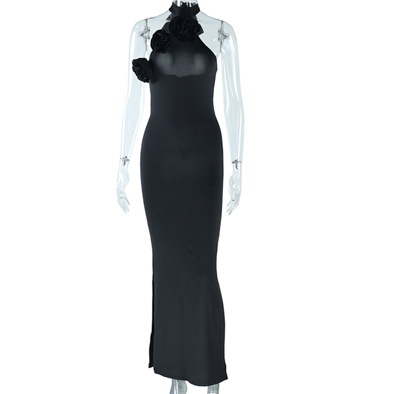 Sexy Halter Dress Solid Color Sleeveless Stitched Backless Asymmetric Bella Mia