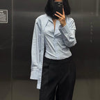 Women Clothing Striped Collared Shirt Women Waist Controlled Long Sleeves Lace up Cardigan Shirt Top Bella Mia