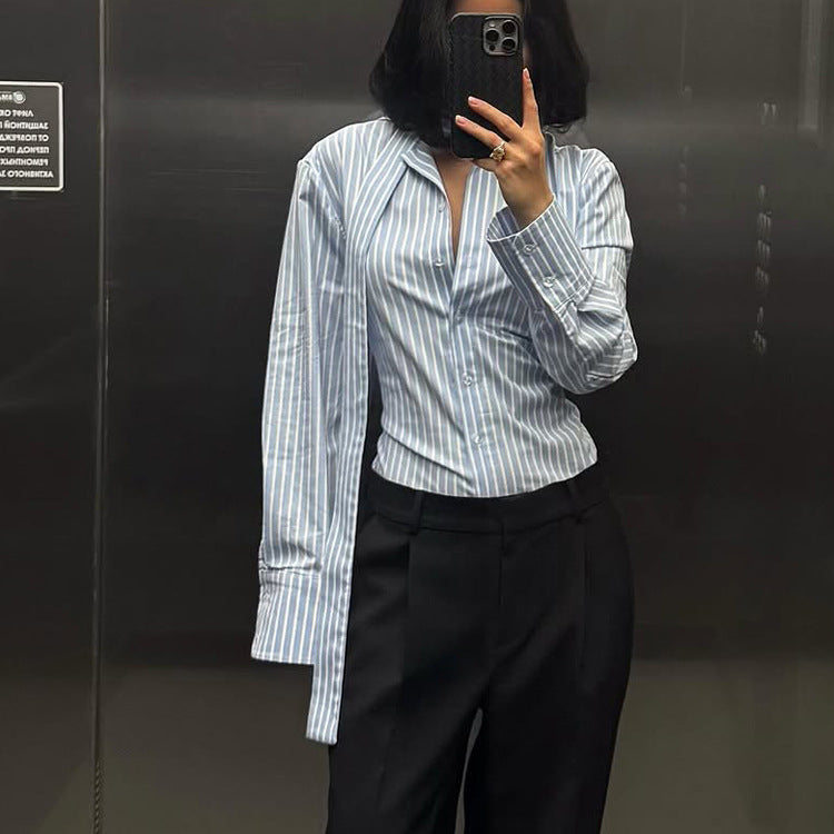 Women Clothing Striped Collared Shirt Women Waist Controlled Long Sleeves Lace up Cardigan Shirt Top Bella Mia