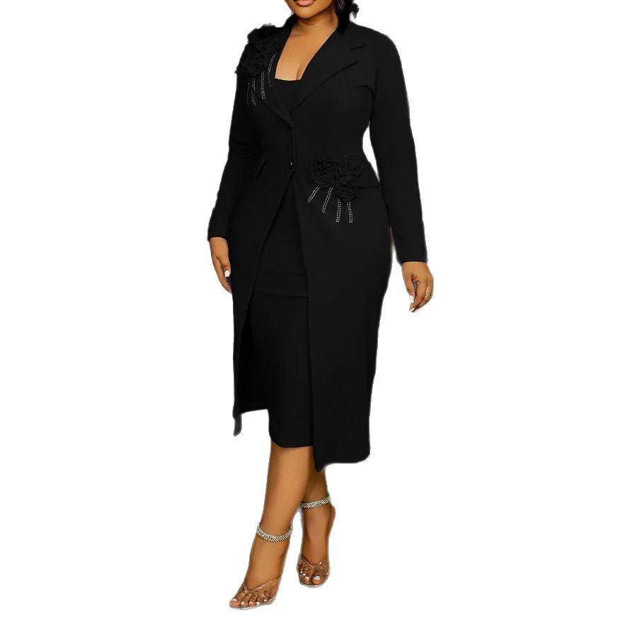 Women Elegant Stretch Slim Fit Floral Pearl Rhinestone Sheath Blazer plus Inner Suspender Two Bella Mia
