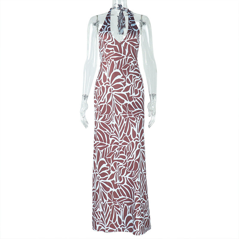 Women Clothing Comfortable Elegant Backless Abstract Printing Suspender Sleeveless U Neck Dress Bella Mia