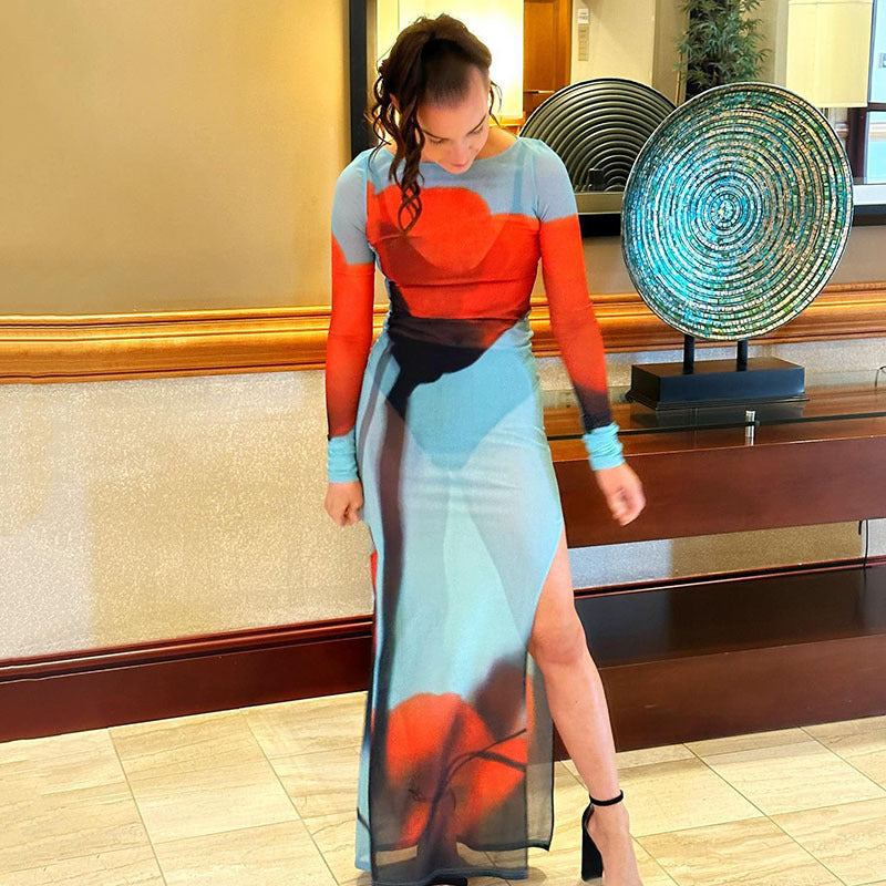 Summer Printed Round Neck Dress Women Sexy Mesh See through Split Dress Bella Mia