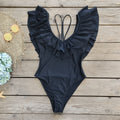 Solid Color Double Layer Ruffled Deep V Plunge Spaghetti Straps One Piece Swimsuit Women Swimsuit Bella Mia