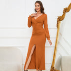 Sexy Elegant Deep V Plunge-neck Design Front Slit Pleated Waist Tight Sheath Dress Bella Mia