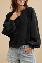 Solid Color Half Open Collar Stitching Lace Loose Stylish Long Sleeves Sweater Bella Mia