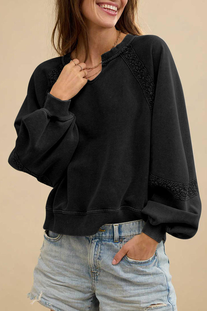 Solid Color Half Open Collar Stitching Lace Loose Stylish Long Sleeves Sweater Bella Mia