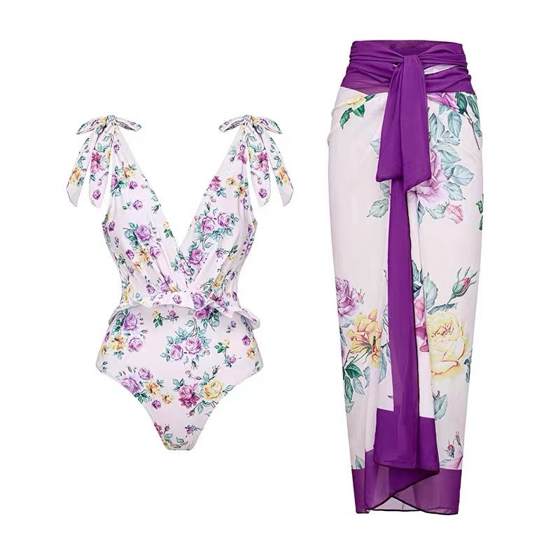 One Piece Swimsuit Women Skinny Slimming Retro Tied Swimsuit Suit Chiffon Bella Mia