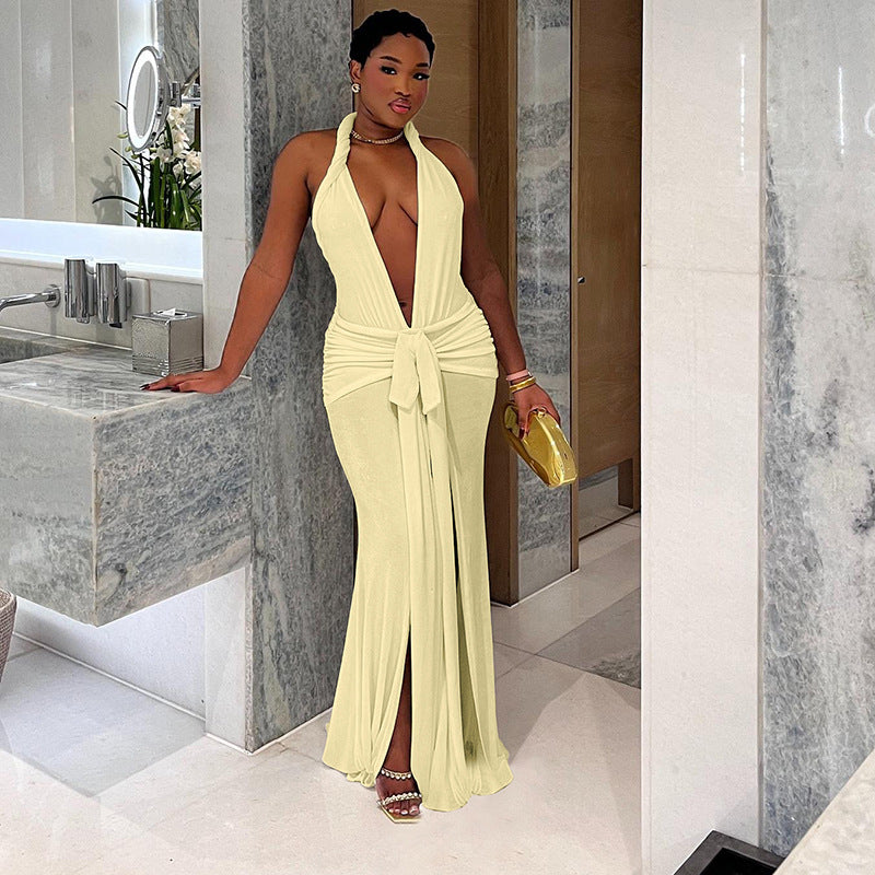 Women Autumn Winter Women Sexy Backless Halter Deep V Plunge neck Solid Color Split Dress Women Bella Mia