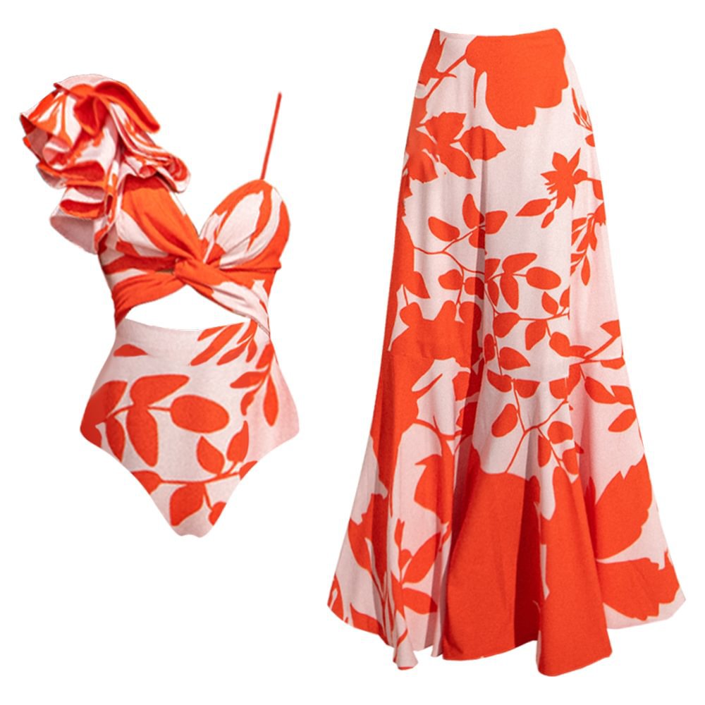 One Shoulder Ruffled Hollow Out Cutout Printed One Piece Swimsuit Women Skirt Bella Mia