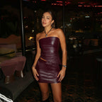 Women Clothing Fall Sexy Faux Leather Tube Top Irregular Asymmetric Top Hip Skirt Set Bella Mia