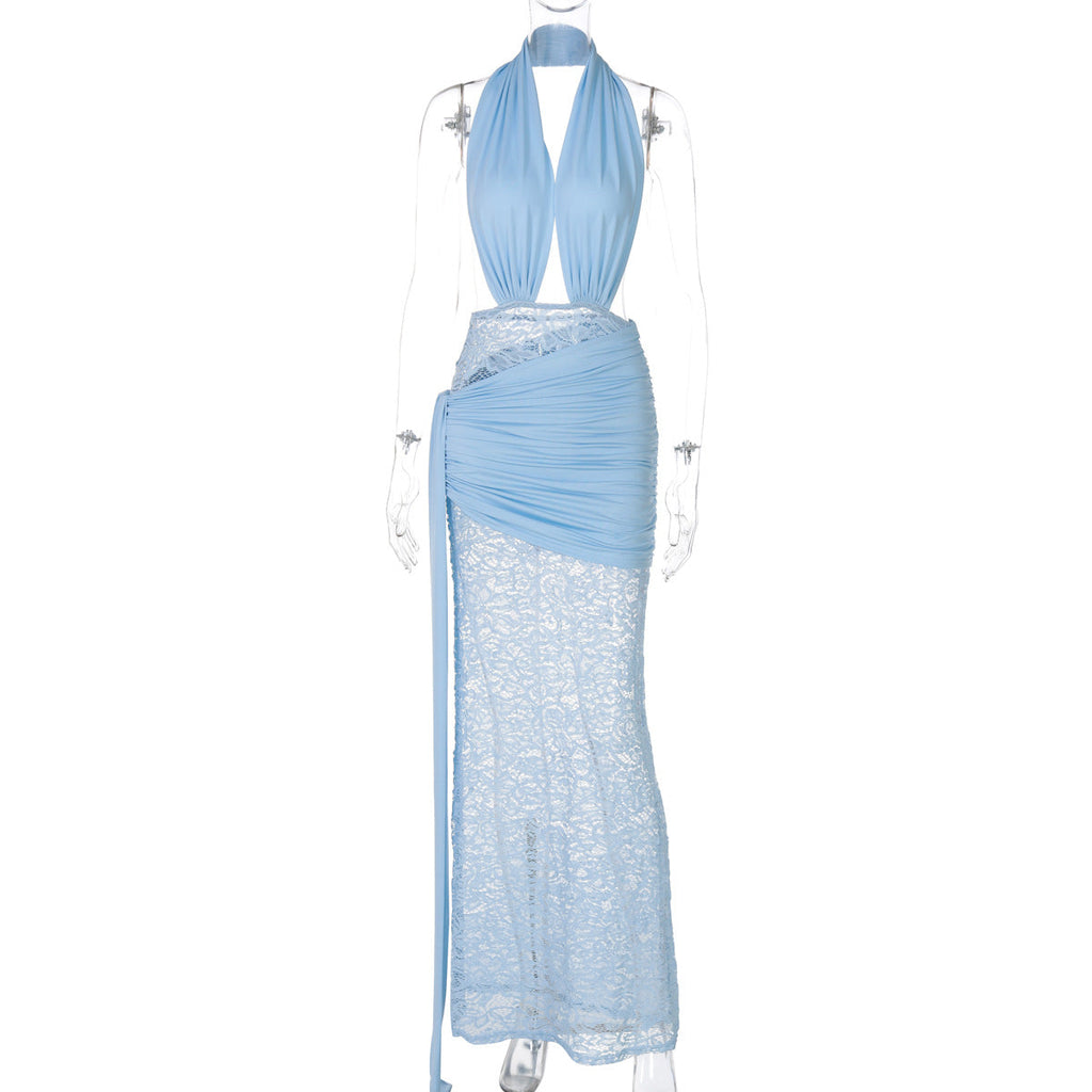 Women Clothing Spring Summer Sexy Lace Stitching Hollow Out Cutout Backless Halter Dress Bella Mia
