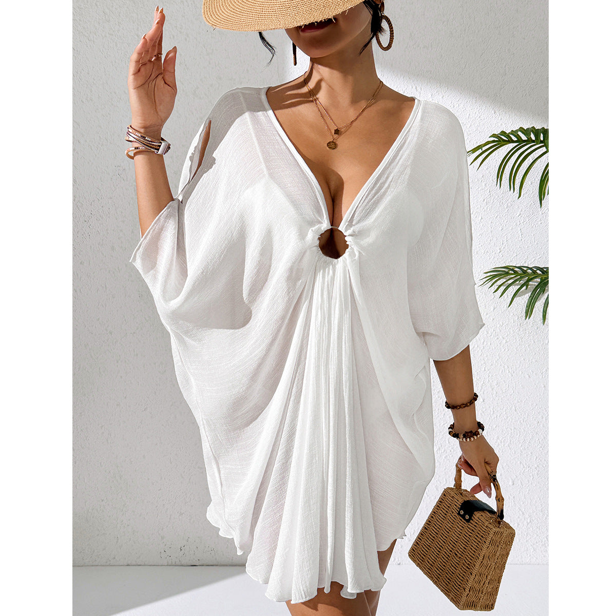 Solid Color Beach Cover up Ring V neck Batwing Sleeve Seaside Vacation Sun Protection Dress