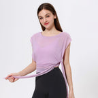 Two Piece Mesh Yoga Clothes Short Sleeve Running Quick Drying Sports Bra One Piece Cup Workout Dance Clothes Top Bella Mia