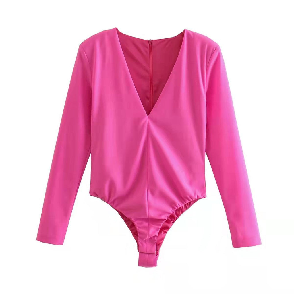 Women Clothing Sexy Four Color Deep V Plunge neck Padded Shoulder Close Fitting Inner Bodysuit Bella Mia