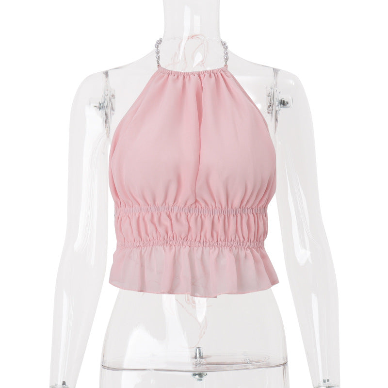 Women Clothing Summer Street Sexy Sexy Cutout Pleated Solid Color Halter Vest Top Bella Mia