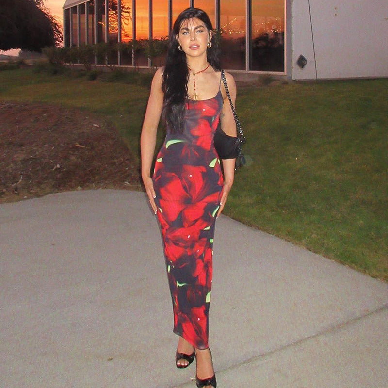 Printed U Neck Strap Slim Fit Sexy Women Dress Bella Mia