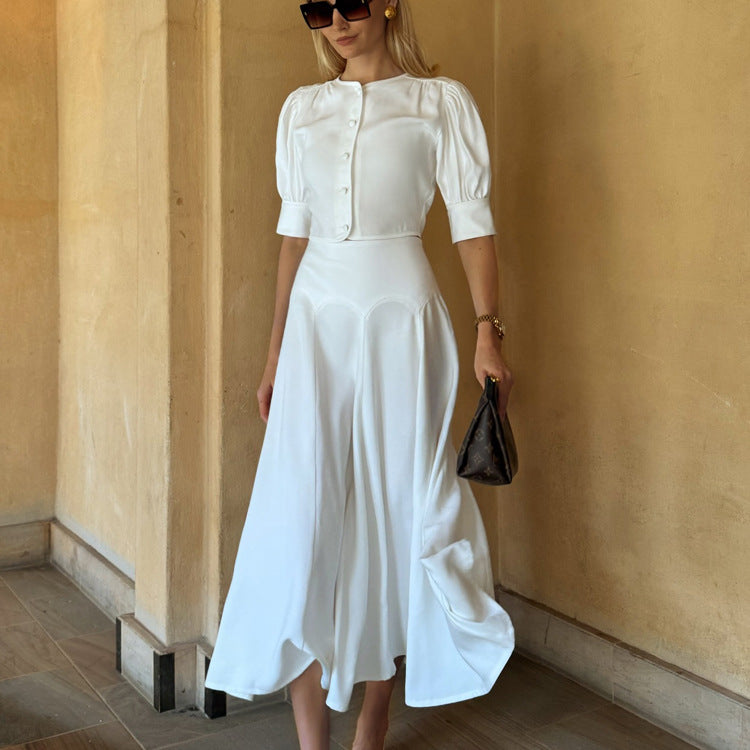 Women Clothing Satin High Grade Skirt Set round Neck Short Sleeve Cardigan Top Elegant Two Piece Set Bella Mia