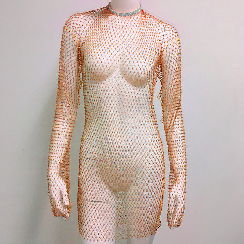 Women Grid Rhinestone Fishnet Dress Sexy Bikini Cover Up Fishnet Beach Dress Bella Mia