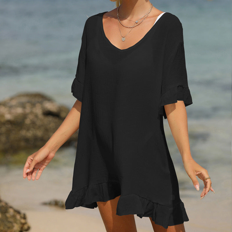 Bamboo Flounced Beach Cover Up Sexy Backless Seaside Sun Protection Shirt Bikini Cover Bella Mia
