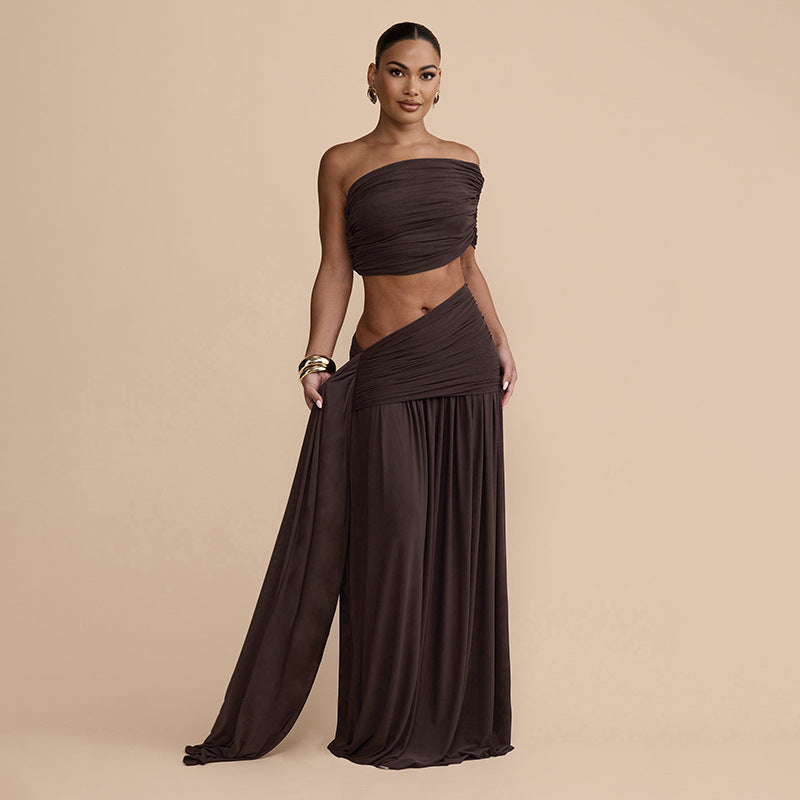 Women Clothing Spring Sexy Solid Color Tube Top Vest Slim Ribbon Pleated Skirt Sets Bella Mia