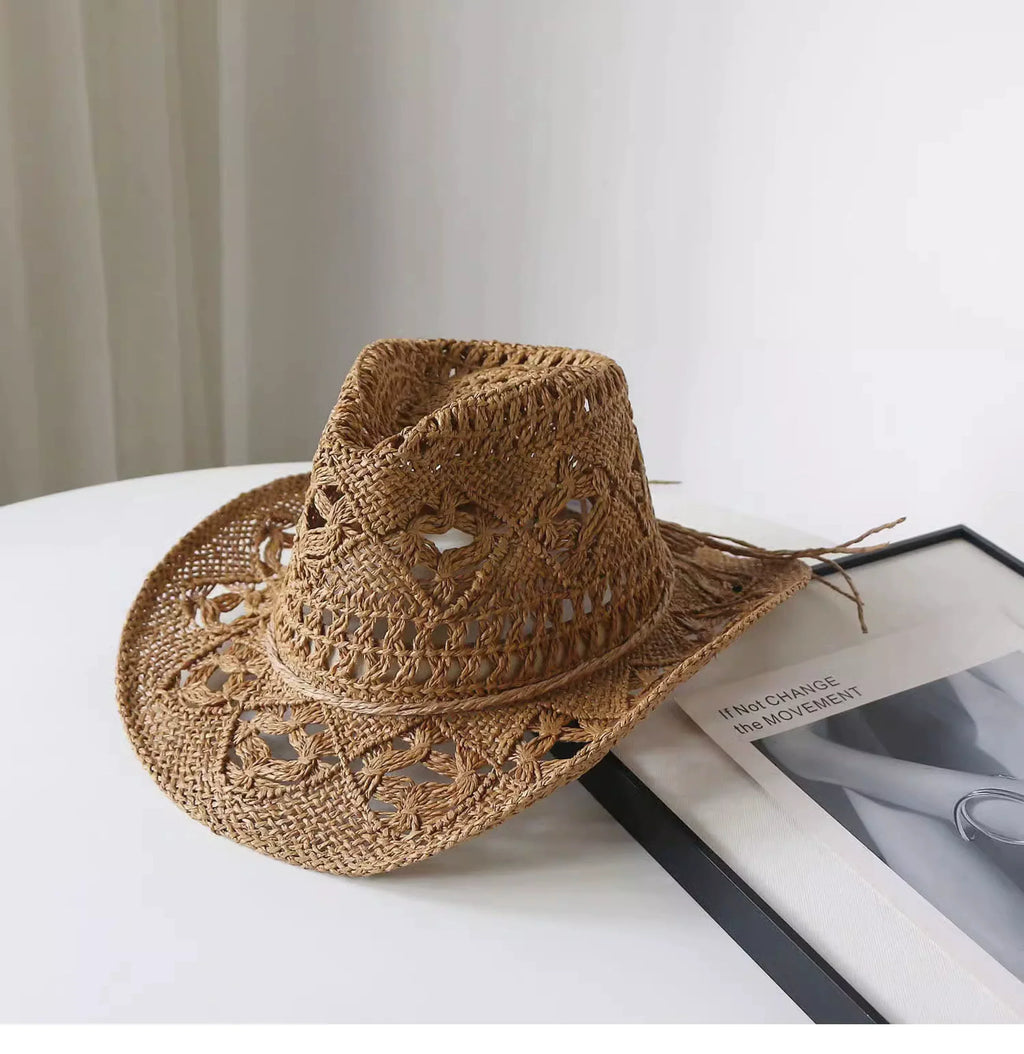 New Arrival Hand-Woven Straw Hat Cut Out Summer Sun Protection for Men and Women Sun Hat Western Cowboy Hat Outdoor All-Matching Hat