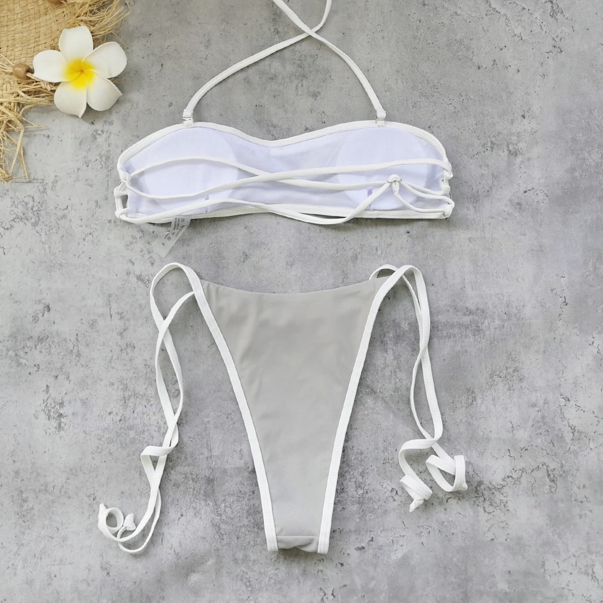 Halter Strap Solid Color Tube Top Low Waist Bikini Sexy Backless Briefs Split Swimsuit Women