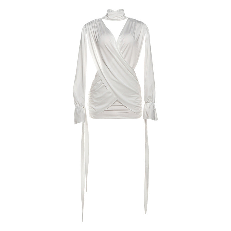 Autumn Winter Women Solid Color Sexy Hollow Out Cutout Long Sleeved Deep V Plunge neck Cross Stitching Hip Dress Bella Mia