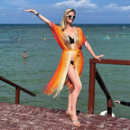 Summer Beach Sun Protection Shirt Gradient Color Lace Up Tassel Beach Cover Up Short Sleeve Knitted Long Cardigan Bella Mia