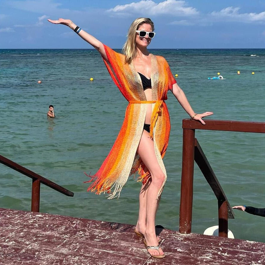 Summer Beach Sun Protection Shirt Gradient Color Lace Up Tassel Beach Cover Up Short Sleeve Knitted Long Cardigan Bella Mia