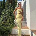 Tube Top Sexy Hollow Out Cutout Split Yellow Dress Women Vacation Sexy Slim Fit Maxi Dress Bella Mia