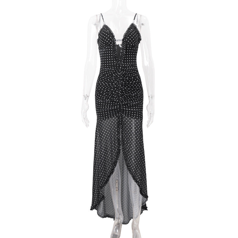 Women Clothing Summer Sexy Vacation Polka Dot Floral Print Slit Slim Strap Dress Bella Mia