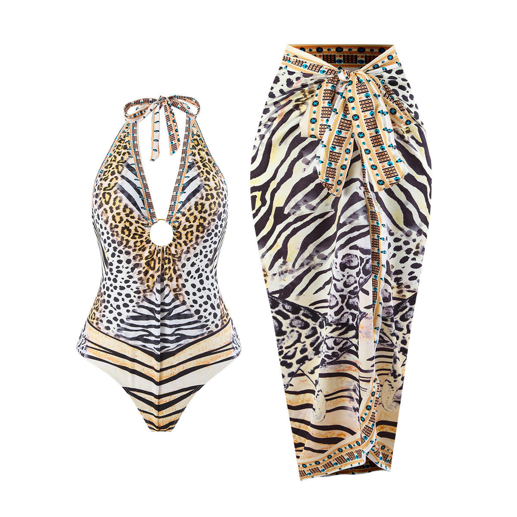 Bikini Leopard Print Lace up Halterneck Cover Belly Backless Gauze Skirt Sunscreen Swimsuit Women Bella Mia