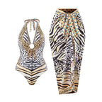 Bikini Leopard Print Lace up Halterneck Cover Belly Backless Gauze Skirt Sunscreen Swimsuit Women Bella Mia