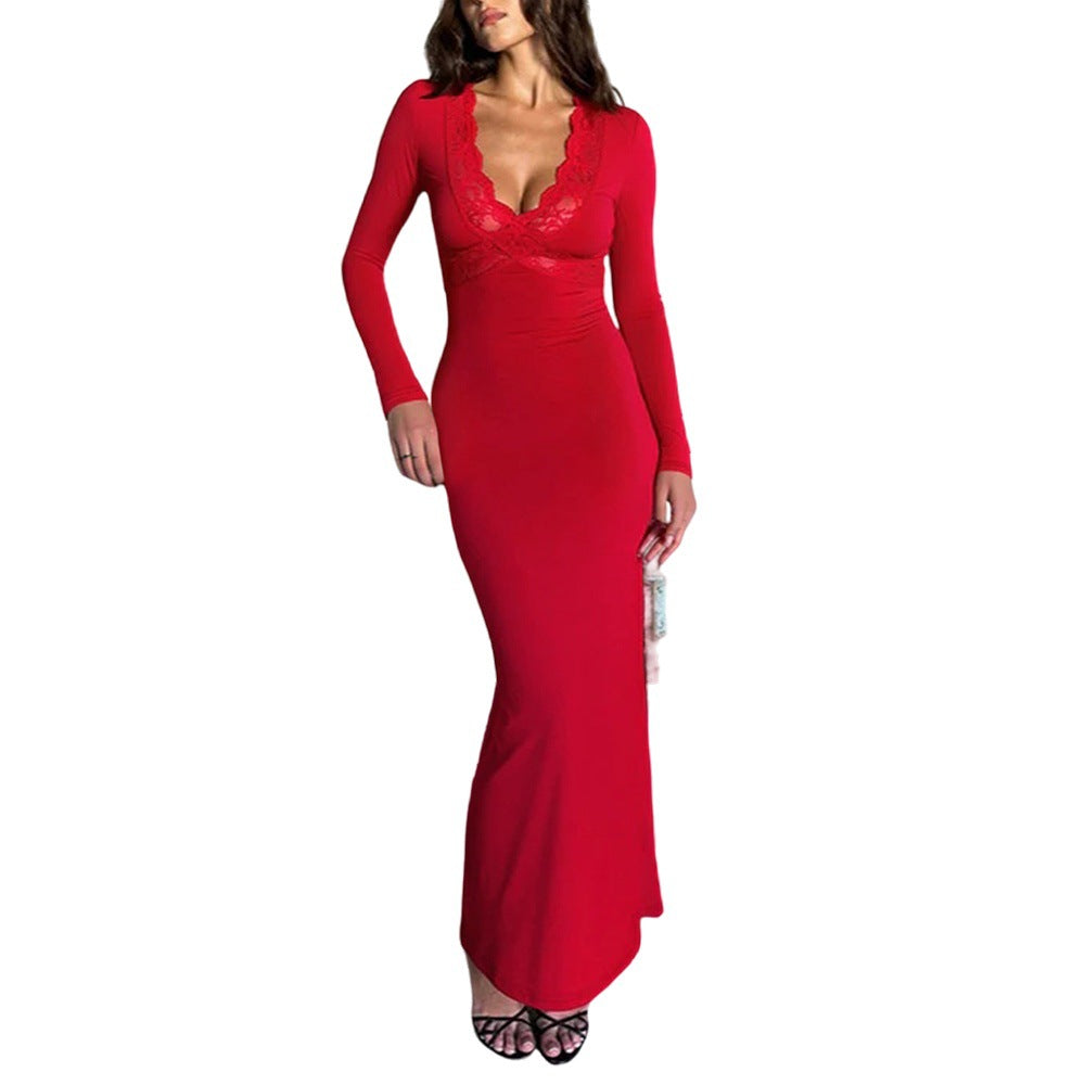 Red V neck Lace Stitching Long Sleeved Slim Fit Sheath Fishtail Dress Elegant Sexy Dress Bella Mia