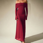 Mesh Silver Square Dress Sexy off Shoulder Flared Long Sleeve Dress Maxi Dress Bella Mia