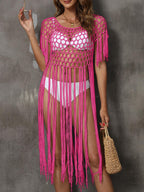 Women Beach Cover up Women Clothing Sexy Cutout Tassel Stitching Pure Hand Crocheting Bikini Overclothes Bella Mia