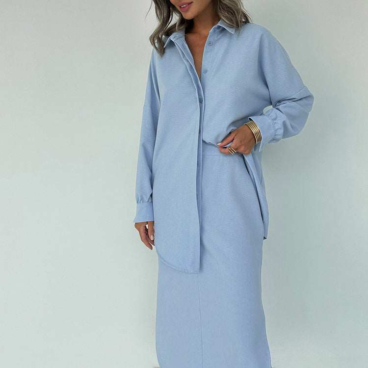 Women Cotton Split Skirt Office Collared Long Sleeve Cardigan Top Two Piece Set Bella Mia