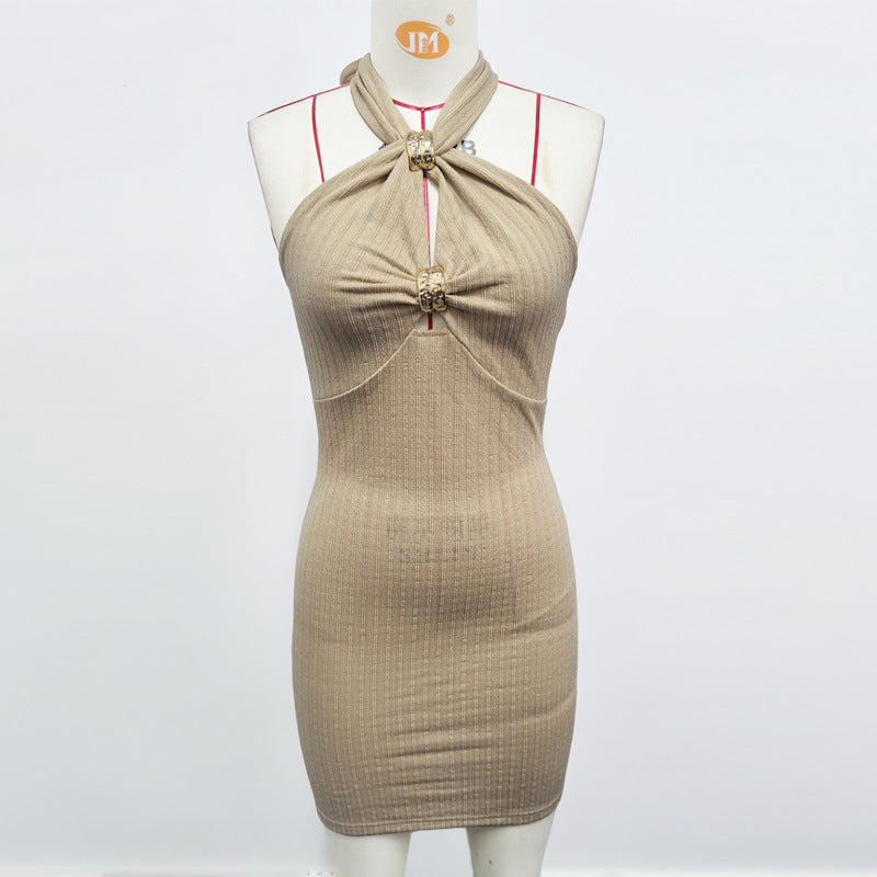 Sexy Slim Fit Slimming Hip Metal Decorative Short Chest Hollow Out Cutout out Halter Backless Dress Bella Mia