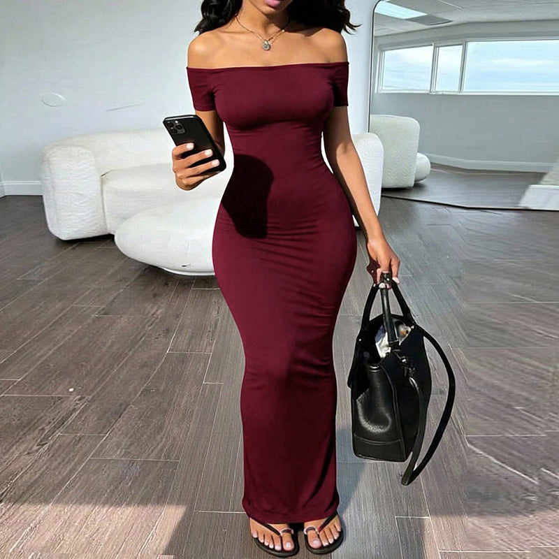Women Summer Solid Color off Shoulder Tube Top Backless Hip Wrapped Dress Women