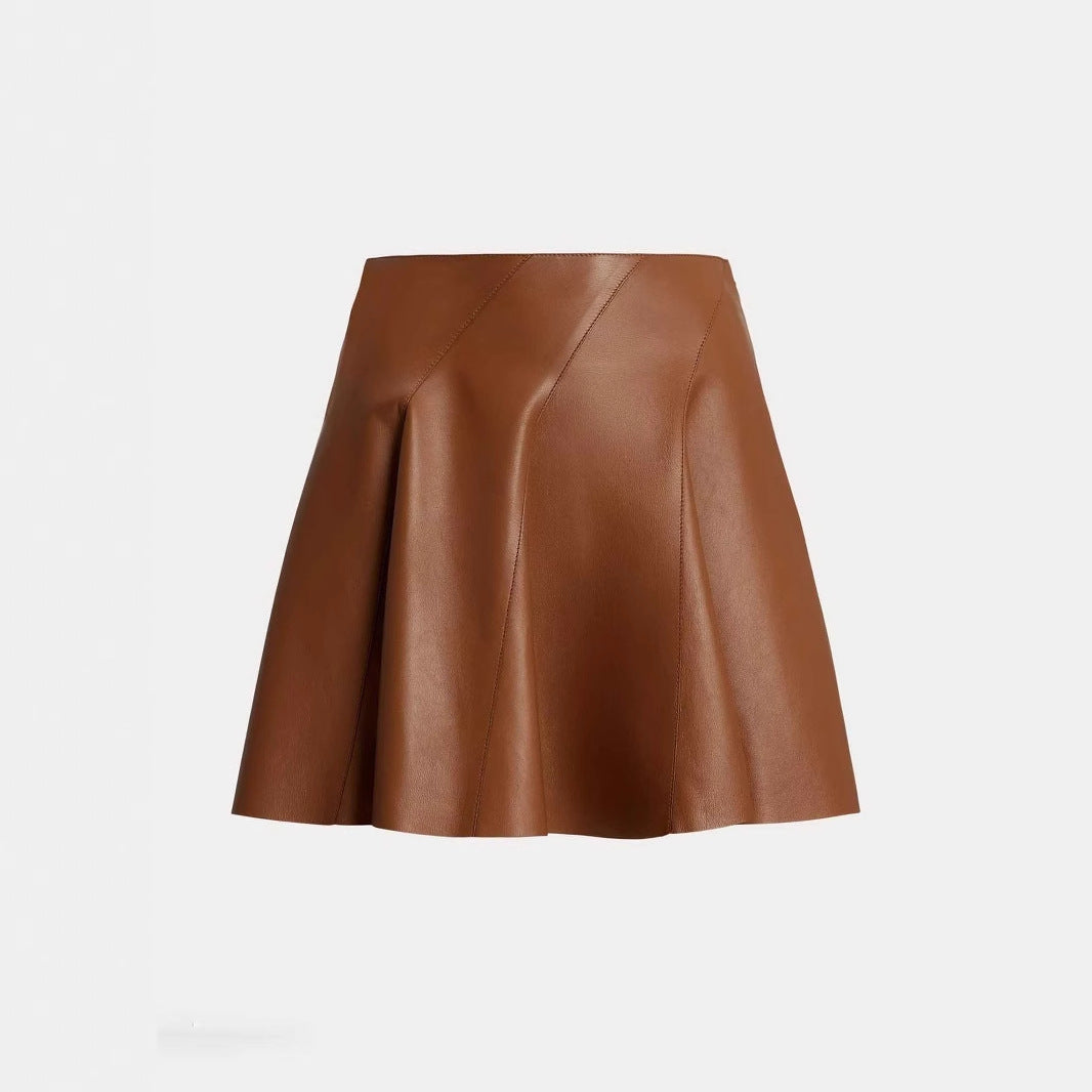 Retro Chic Minimalist Cut with Diagonal Stitching a Hemline Multi Wear Leather Skirt