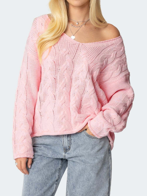 Autumn Solid Color Loose Lazy V neck Twist Knitted Pullover Sweater Women Top Bella Mia