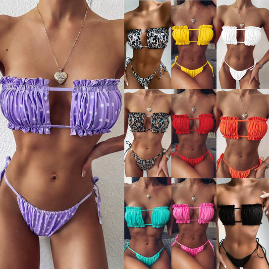 Goddess Online Celebrity Candy Color Solid Hollow Strap Exposed Wrap-around Bikinis Sexy Bikini Split Triangle