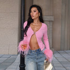 Sexy Deep V Plunge neck Long Sleeve Ostrich Feather Pink Cardigan Autumn Sexy All Match Top Bella Mia